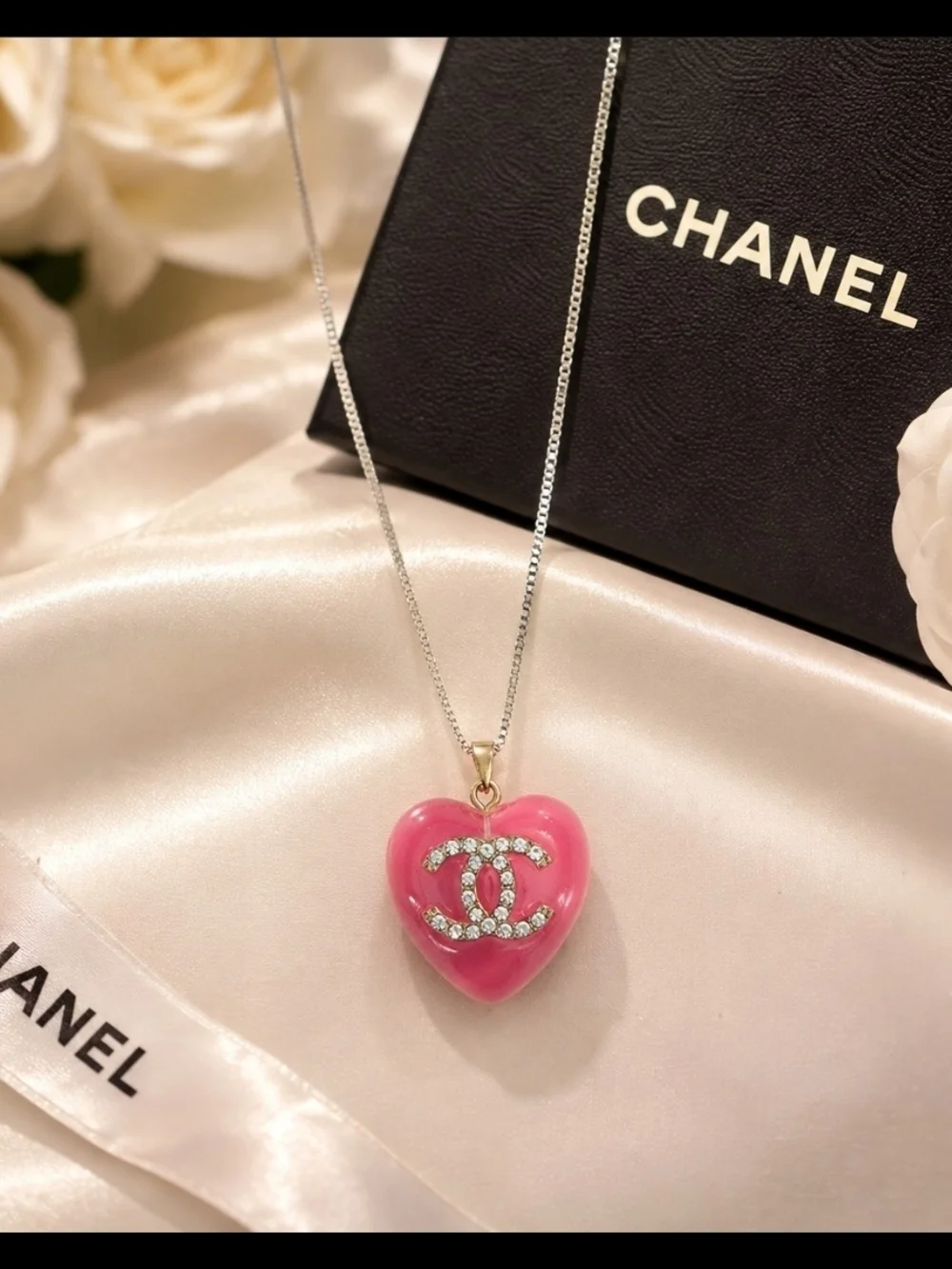 Upcycled Chanel Pink Heart Zipper Pull Necklace | Sterling Silver Box Chain